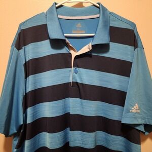 ADIDAS GOLF POLO MENS XL BLUE STRIPED PERFORMANCE MOISTURE WICKING‎ SHORT SLEEVE